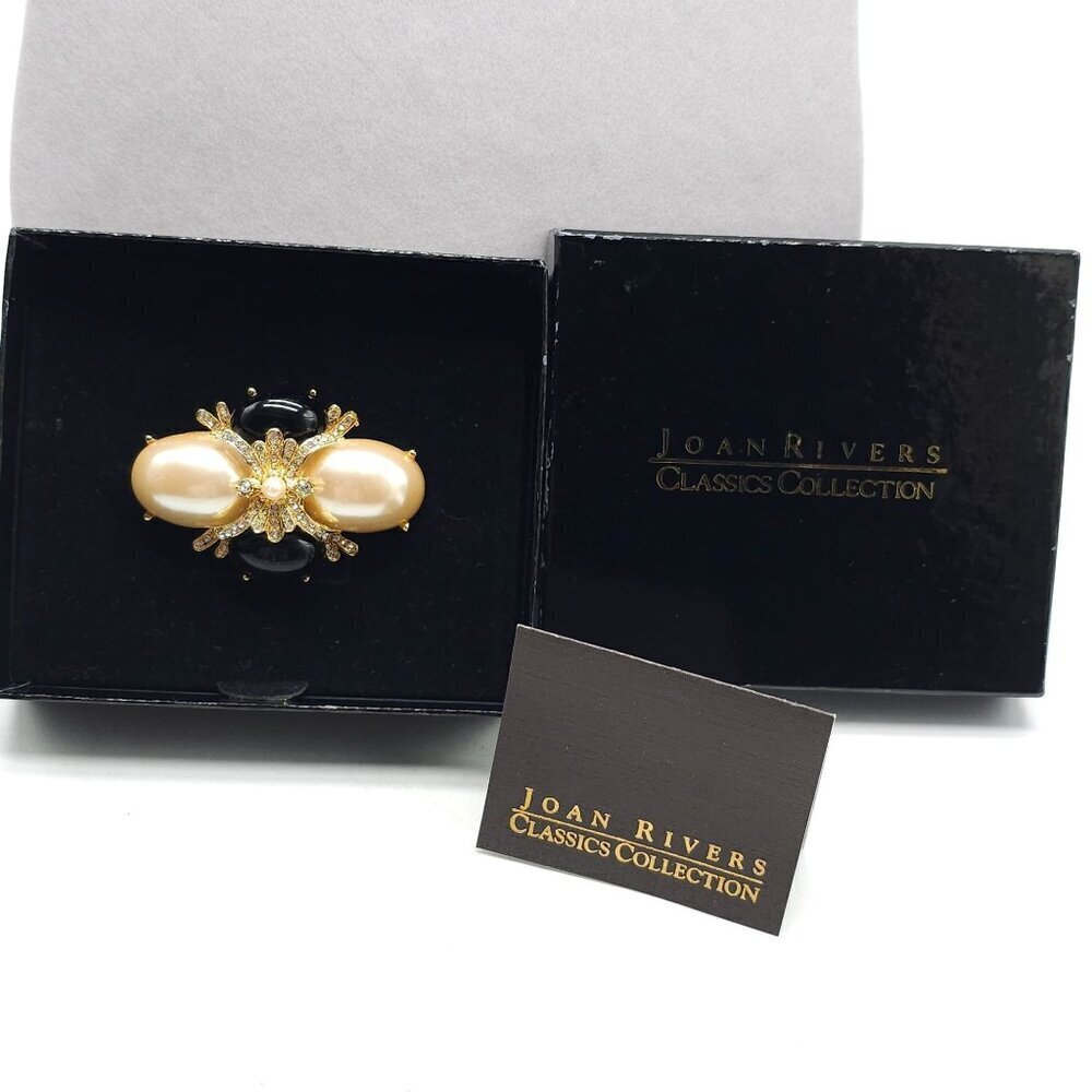 Joan Rivers Classics Collection Faux Pearl Black Acrylic Brooch Rhinestones